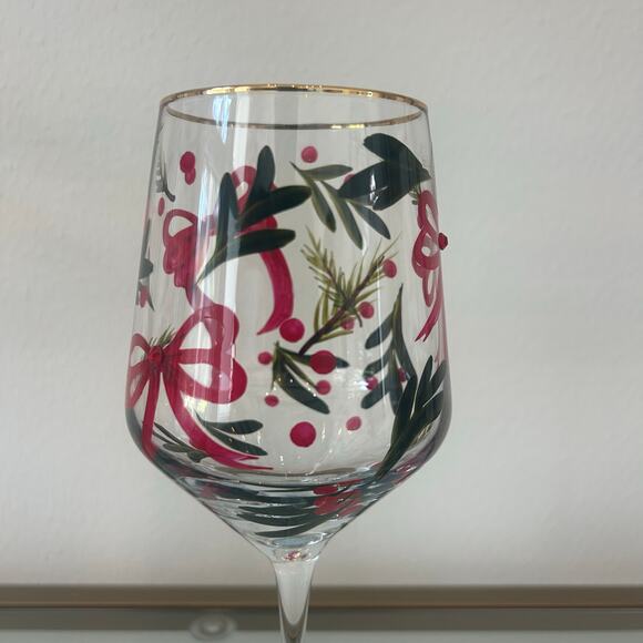 Hand Painted & Jeweled Wine Glass Set of 2  Coquette Christmas Red Bows & Holly - Picture 6 of 10